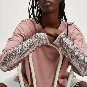 Free People Pink Long Sleeve Tee with Silver Sequin Sleeves